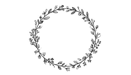 Minimalist hand-drawn floral wreath and botanical elements, black ink on white background, line art style, simple and elegant decorative frame