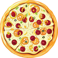 Vector illustration of a pepperoni pizza with mozzarella and paprika.