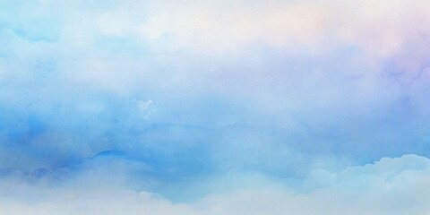 Tranquil abstract watercolor background featuring a serene blue sky with soft fluffy clouds