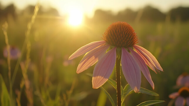 Serene sunset illuminates a delicate pink coneflower in a field, capturing the beauty of nature's golden hour.