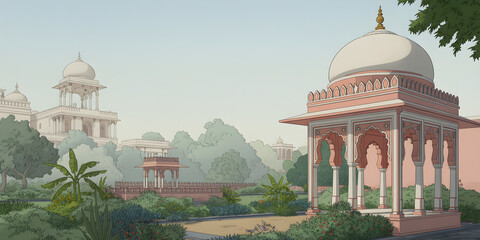 Fototapeta premium Romantic Palace Garden Illustration with Classical Architecture and Lush Greenery