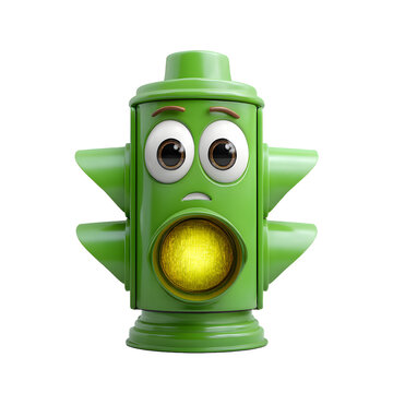 recommend clip art: Animated green traffic signal with surprised expression and yellow light on black background. Rendered.