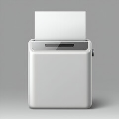 Modern, gray document shredder in neutral office setting. Device displays readiness to shred documents. Office worker with modern office equipment. contemporary office.