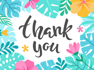 Charming floral design with the phrase Thank You surrounded by vibrant flowers and leaves, perfect for greeting cards, invitations, or festive designs