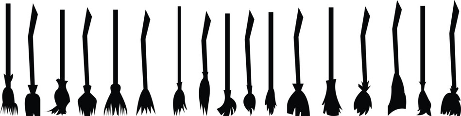 render halloween witch broom icon set festive concept object dead pot event fun night decorative background trick october traditional funny gift party autumn mystery creepy on transparent background