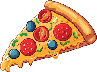 Vector artwork of a cheesy pepperoni pizza slice in a hand-drawn style.