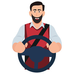 Bearded Man Driving a Car with Red Shirt – Vector Illustration