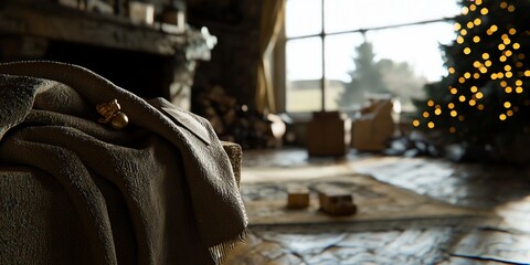 Serene holiday ambience featuring a warm blanket, cozy fireplace and christmas tree