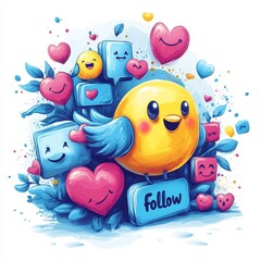 Obraz premium Cute bird social media; hearts, follows. Kids illustration