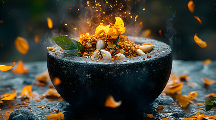 Aromatic spices and garlic cloves in a stone mortar, with falling petals and steam, creating a vibrant culinary scene.