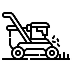 Lawn mower. This is a vector single icon with a dashed line style. It is suitable for any purpose, such as website design, mobile app design, logo design, etc.