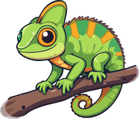 Cute Cartoon Chameleon Vector on Tree Branch – Colorful Jungle Reptile with Big Eyes in Kids Illustration Style for Stickers and Print Design