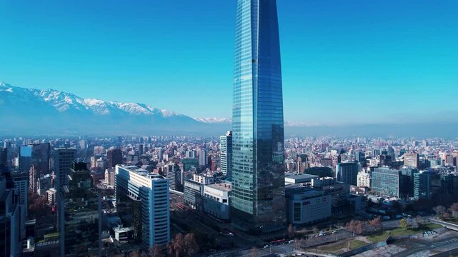 Costanera Sky Building In Santiago Metropolitan Region Chile. City Skyline Showing Modern And Traditional Architecture. Business Sky Background Downtown Cityscape. Outdoors Downtown Up Above.