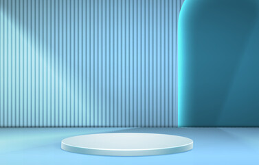 Blue color podium with neon vertical lines and arch background. Abstract minimal scene for mockup presentation, cosmetic products, stage showcase, promotion display.