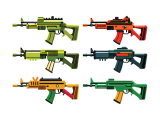 Collection of six colorful cartoon assault rifles
