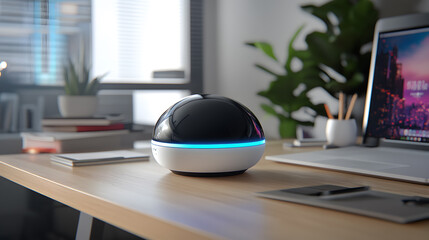 Sleek smart home AI voice assistant speaker sits on minimalist desk in modern office setting