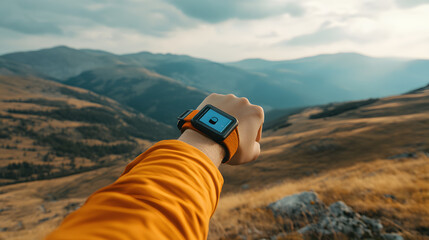 Smartwatch on wrist in scenic mountain landscape, capturing environmental data