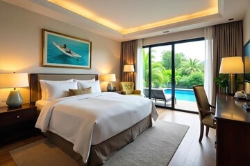 Luxurious motel suite with plush king-size bed, modern bathroom, and a private balcony overlooking a sparkling pool  Enjoy upscale amenities and a relaxing getaway  ,  outdoor space,  vacation