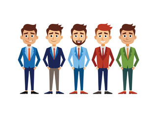 Five diverse businessmen in suits smiling
