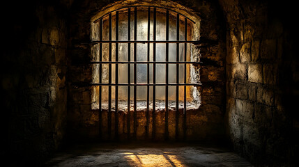 A sunlit arched window with iron bars set into an ancient stone wall; a dimly lit dungeon cell.