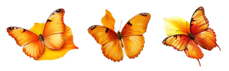 Collection of bright orange butterfly illustrations on petals isolated on a white or transparent background.