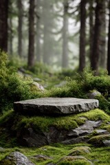 Rough stone platform surrounded by moss and trees in a misty forest. perfect for organic, eco-friendly product mockups or nature-themed branding.