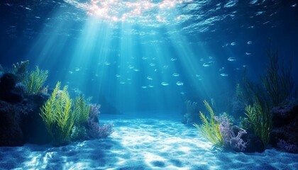 Naklejka premium Ocean Floor Sunbeams, Aquatic Life, Sandy Landscape