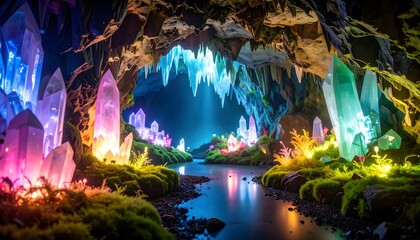 Obraz premium Crystal cave with multicolor reflective walls, bioluminescent moss and glowing minerals, cinematic lighting and shadows, macro perspective