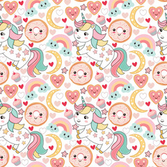 Kawaii Unicorn pattern with funny rainbow, desserts, cupcakes and donut
