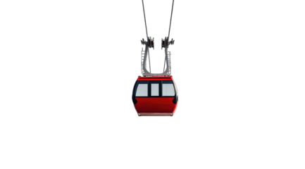 A red cable car hangs suspended against a black background, its metallic attachments and suspension cables visible