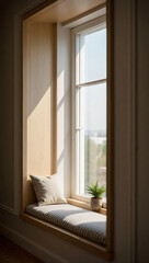 Cozy window nook with cushions and light