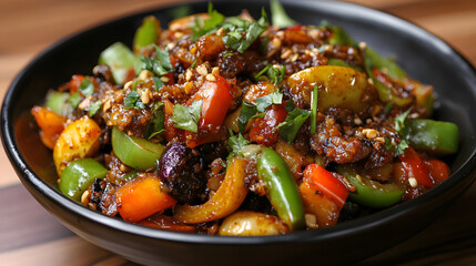 Vibrant bowl of stir fried vegetables and meat, garnished with fresh herbs and sesame seeds, offers colorful and appetizing presentation