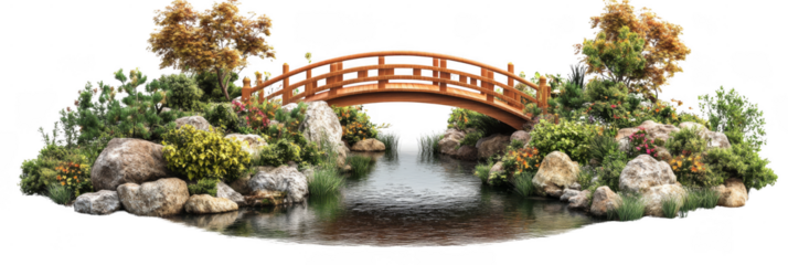 Tranquil nature scene featuring a wooden bridge over a serene pond garden oasis digital art environment aesthetic viewpoint for relaxation