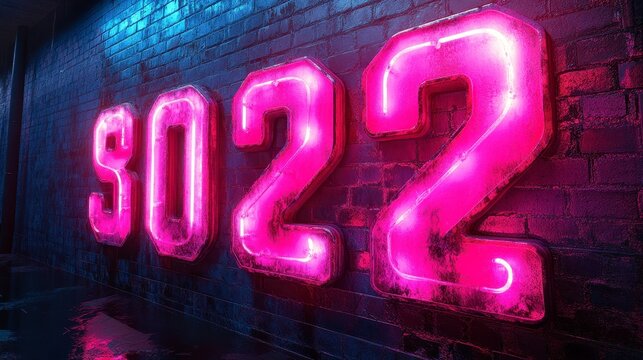 Neon numbers glow pink and blue against a brick wall, reflected in a wet street