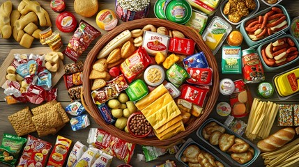 Assorted food products displayed in a wooden container.