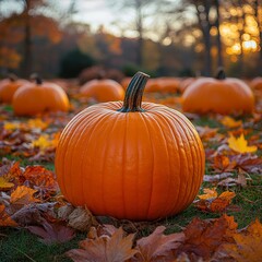 Autumn pumpkin patch sunset; fall leaves