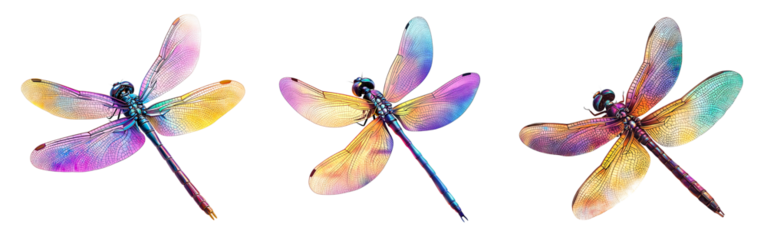 Set of beautiful iridescent dragonflies flying in motion isolated on a white or transparent background.