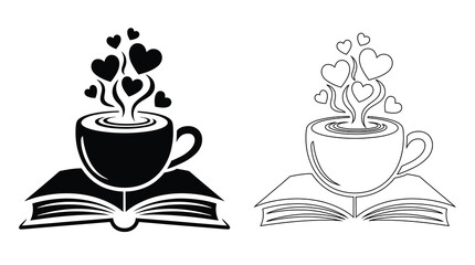 Vector illustration of a coffee cup with heart-shaped steam rising, placed on an open book, perfect for book lovers, cozy caf&eacute; themes, and literature-related designs.
