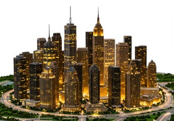 City skyline model illuminated isolated on white background