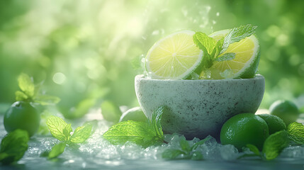 Refreshing limes and mint in a stone bowl, surrounded by ice and lush green foliage. Perfect for summer drinks, cocktails, or healthy lifestyle imagery.