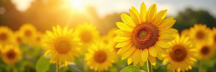 Obraz premium Vibrant sunflowers bask in the warm glow of summer sunshine, their golden petals radiating joy and happiness A perfect image for summer, nature, and happiness themes , plants, rural