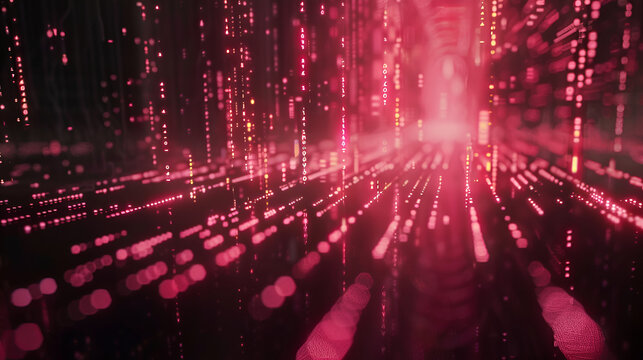 Red digital rain with binary code and bokeh lights creating a futuristic tech background view effect