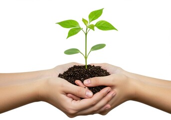 Hands holding plant sprout isolated on white background