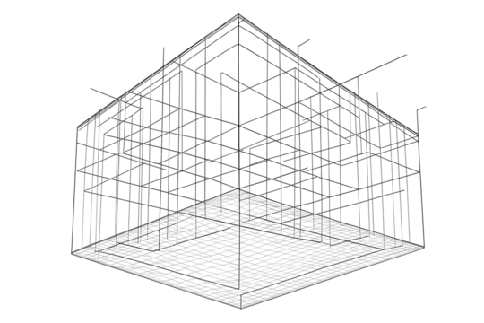 Isometric view of a wireframe cube structure with a textured base. The cube is composed of numerous intersecting lines creating a grid-like pattern, suggesting a framework or blueprint