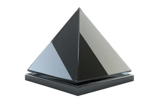 A sleek, dark-grey pyramid rests on a square base, reflecting light with a mirror-like sheen.  The image showcases a polished, geometric form
