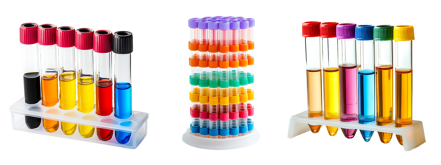 Collection of colorful test tubes filled with chemical solutions in plastic holder isolated on a white or transparent background.