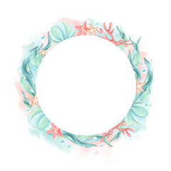 Circle frame algae, seaweed, seashell, corals on mint pink watercolor spot, bubbles. Sea theme template isolated from background. Cute kids design, underwater children's illustration in pastel colors