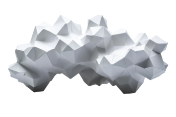 Abstract white sculptural form resembling a cloud, composed of numerous interconnected polygonal facets, creating a textured and organic appearance against a black background