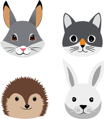 Vector illustration of cute and funny animal face icon set, various types of animals