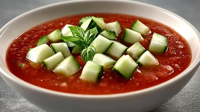 A white bowl filled with vibrant red gazpacho topped with fresh diced cucumber and basil
